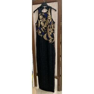 Alyce Black Halter Beaded Dress Black w/ designs in Gold & Cobalt Blue hei8073